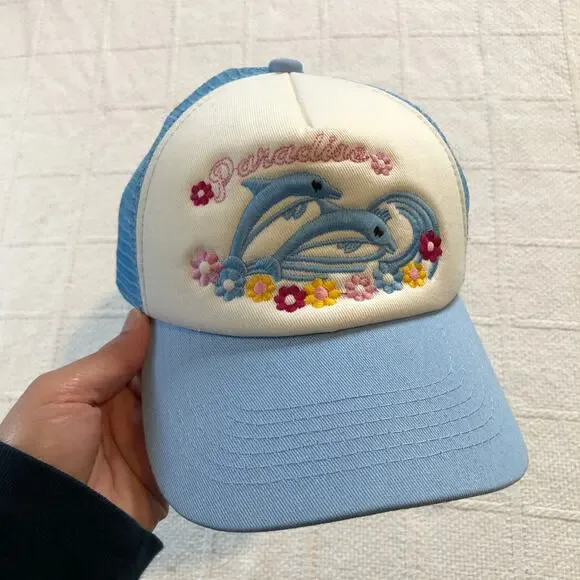 Dolphin Trucker Hat Paradise Embroidered Cap Blue White O/S Retro Kawaii Coastal - Picture 2 of 8